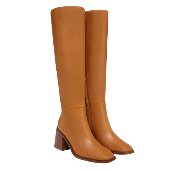 Sam Edelman Wade Knee High Tall Boot Sz 7.5 Brown Leather Block Heel Square Toe
